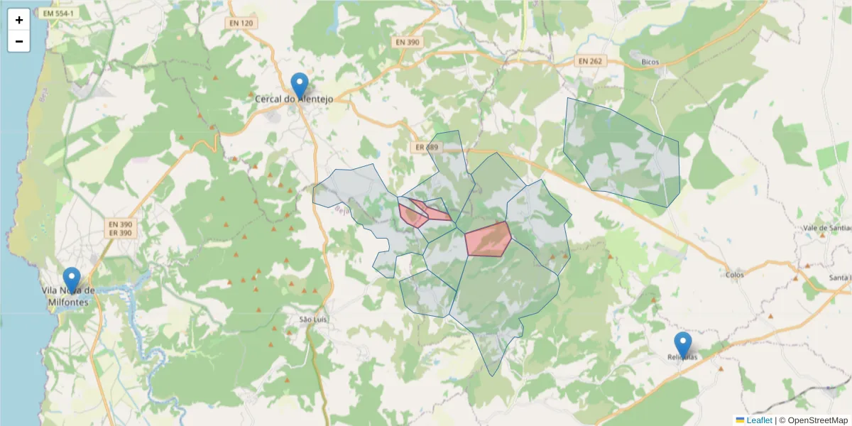 Mapa detalhado do código postal 7630-407 com limites, códigos postais vizinhos e agências dos correios