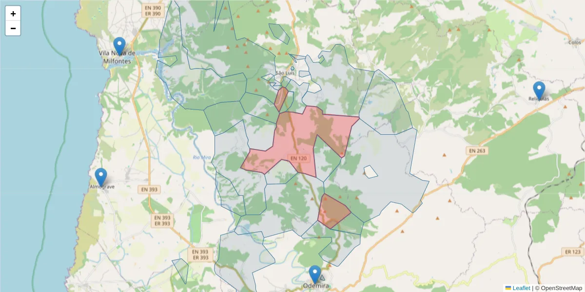 Mapa detalhado do código postal 7630-436 com limites, códigos postais vizinhos e agências dos correios
