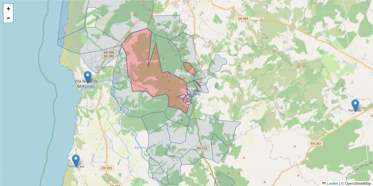 Mapa detalhado do código postal 7630-440 com limites, códigos postais vizinhos e agências dos correios