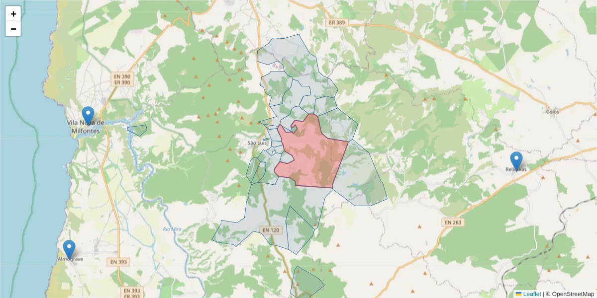 Mapa detalhado do código postal 7630-442 com limites, códigos postais vizinhos e agências dos correios