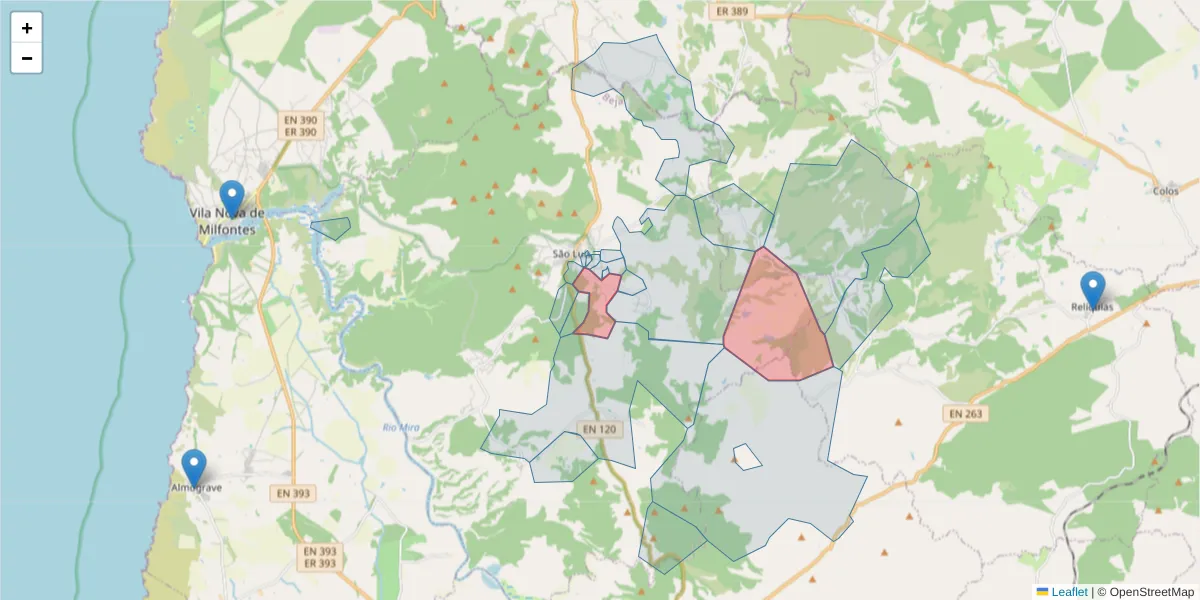 Mapa detalhado do código postal 7630-445 com limites, códigos postais vizinhos e agências dos correios