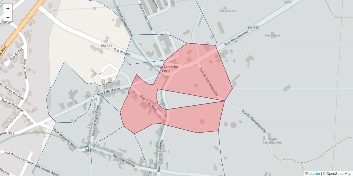 Mapa detalhado do código postal 7630-451 com limites, códigos postais vizinhos e agências dos correios