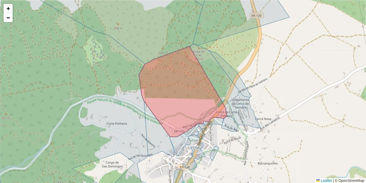 Mapa detalhado do código postal 7630-452 com limites, códigos postais vizinhos e agências dos correios