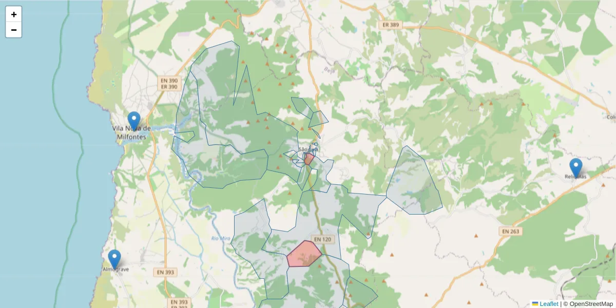 Mapa detalhado do código postal 7630-458 com limites, códigos postais vizinhos e agências dos correios