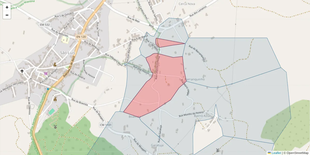 Mapa detalhado do código postal 7630-459 com limites, códigos postais vizinhos e agências dos correios