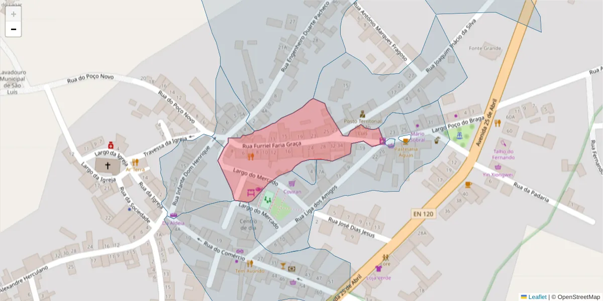 Mapa detalhado do código postal 7630-464 com limites, códigos postais vizinhos e agências dos correios