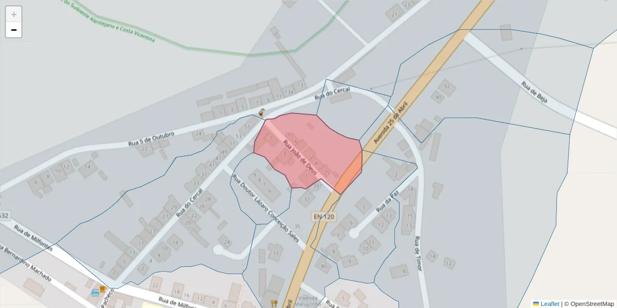 Mapa detalhado do código postal 7630-467 com limites, códigos postais vizinhos e agências dos correios