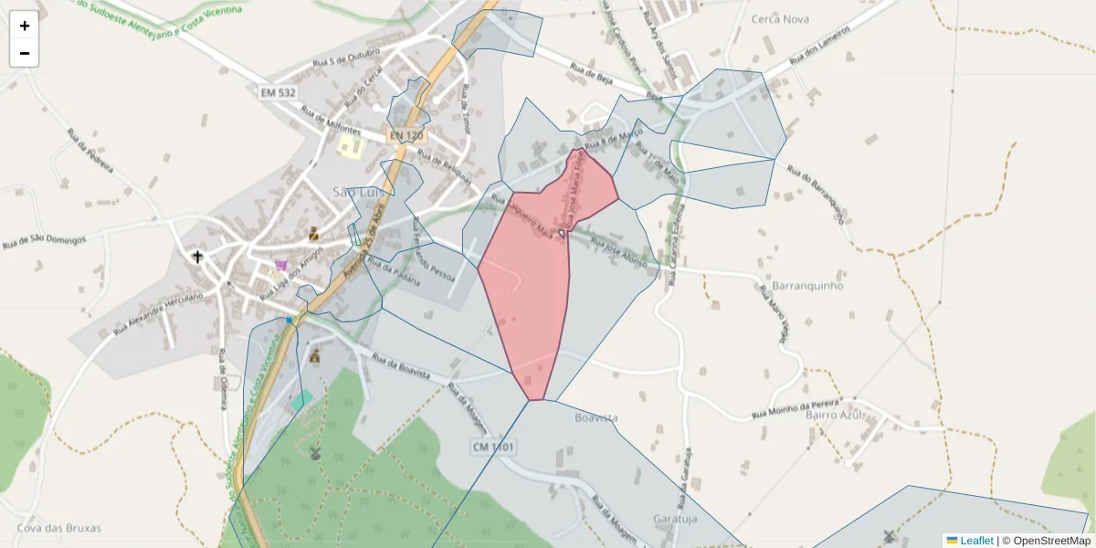 Mapa detalhado do código postal 7630-471 com limites, códigos postais vizinhos e agências dos correios