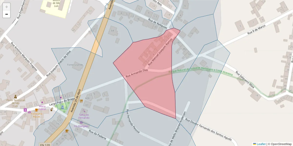 Mapa detalhado do código postal 7630-473 com limites, códigos postais vizinhos e agências dos correios