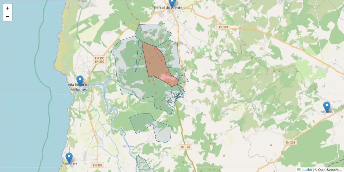 Mapa detalhado do código postal 7630-474 com limites, códigos postais vizinhos e agências dos correios