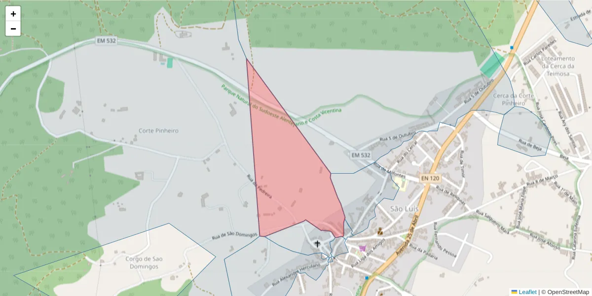 Mapa detalhado do código postal 7630-480 com limites, códigos postais vizinhos e agências dos correios