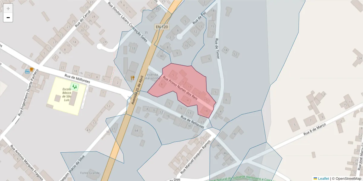 Mapa detalhado do código postal 7630-481 com limites, códigos postais vizinhos e agências dos correios