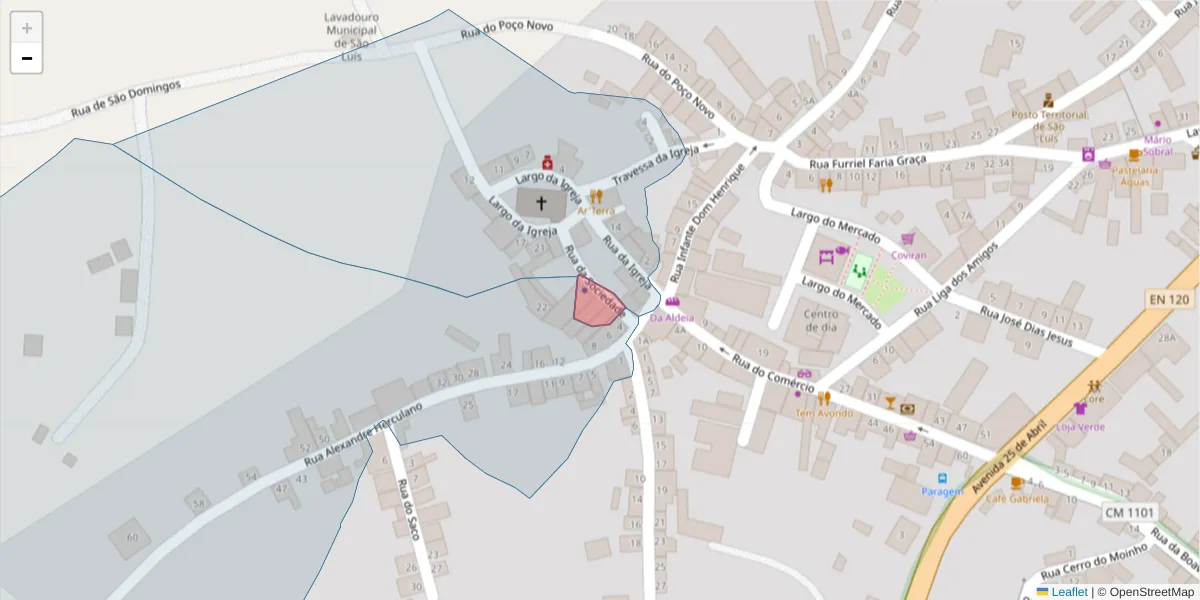 Mapa detalhado do código postal 7630-485 com limites, códigos postais vizinhos e agências dos correios