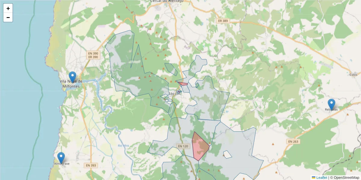 Mapa detalhado do código postal 7630-490 com limites, códigos postais vizinhos e agências dos correios
