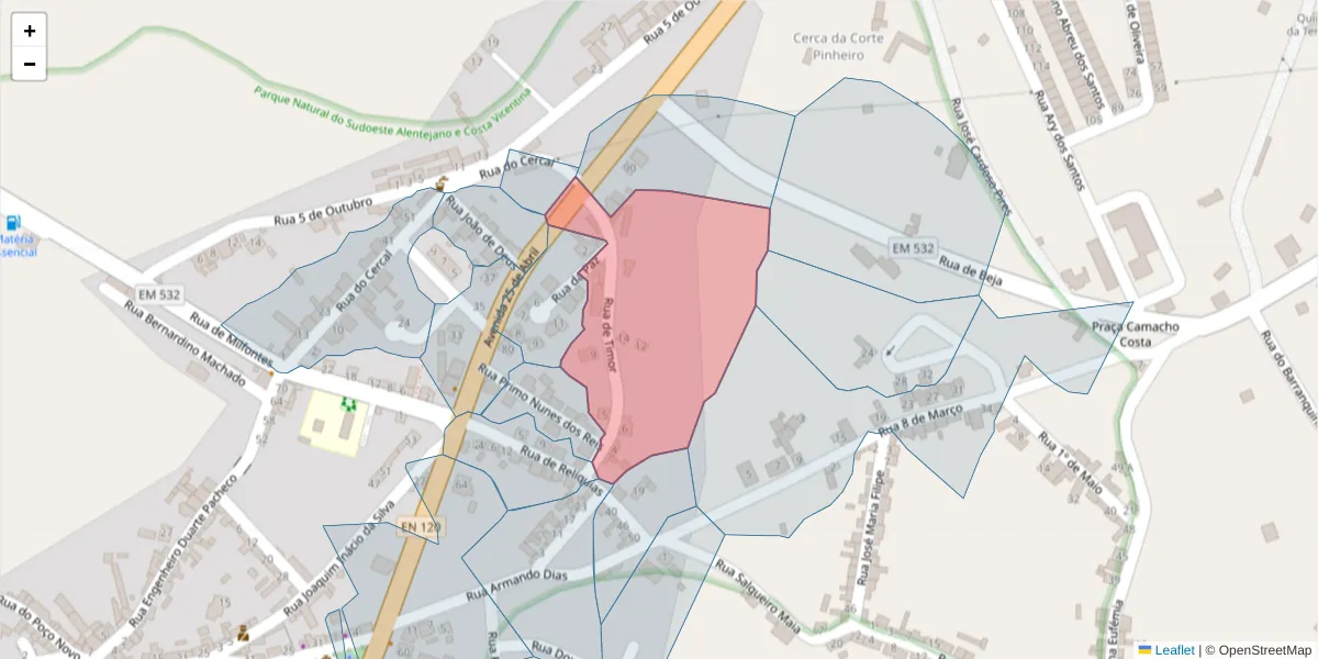 Mapa detalhado do código postal 7630-491 com limites, códigos postais vizinhos e agências dos correios