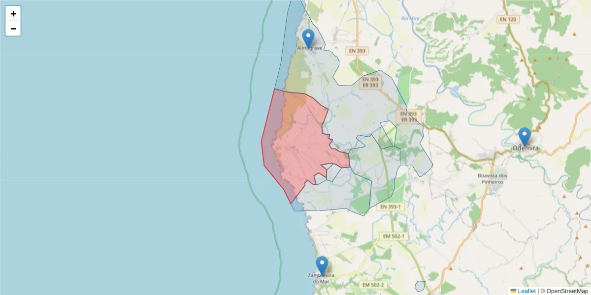 Mapa detalhado do código postal 7630-574 com limites, códigos postais vizinhos e agências dos correios