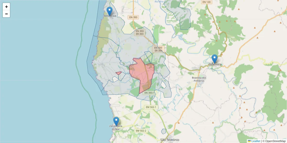 Mapa detalhado do código postal 7630-580 com limites, códigos postais vizinhos e agências dos correios