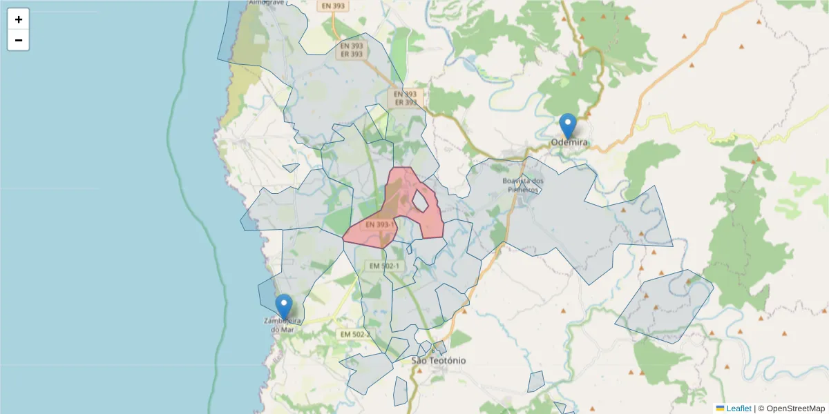Mapa detalhado do código postal 7630-584 com limites, códigos postais vizinhos e agências dos correios
