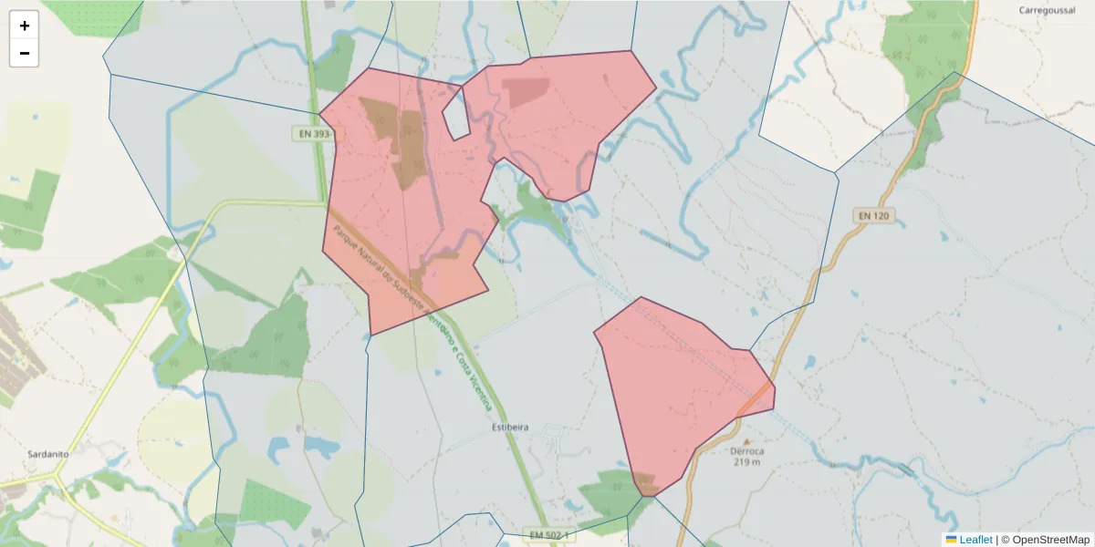 Mapa detalhado do código postal 7630-585 com limites, códigos postais vizinhos e agências dos correios