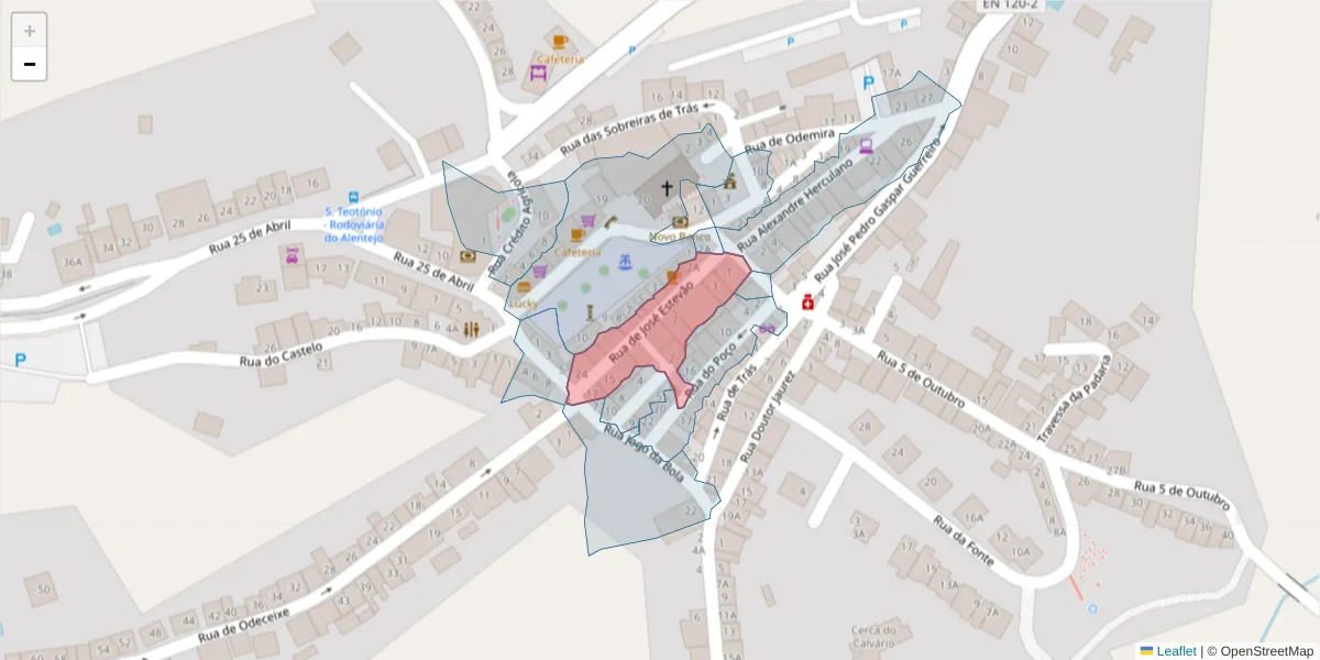 Mapa detalhado do código postal 7630-629 com limites, códigos postais vizinhos e agências dos correios