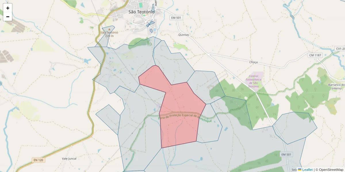 Mapa detalhado do código postal 7630-648 com limites, códigos postais vizinhos e agências dos correios