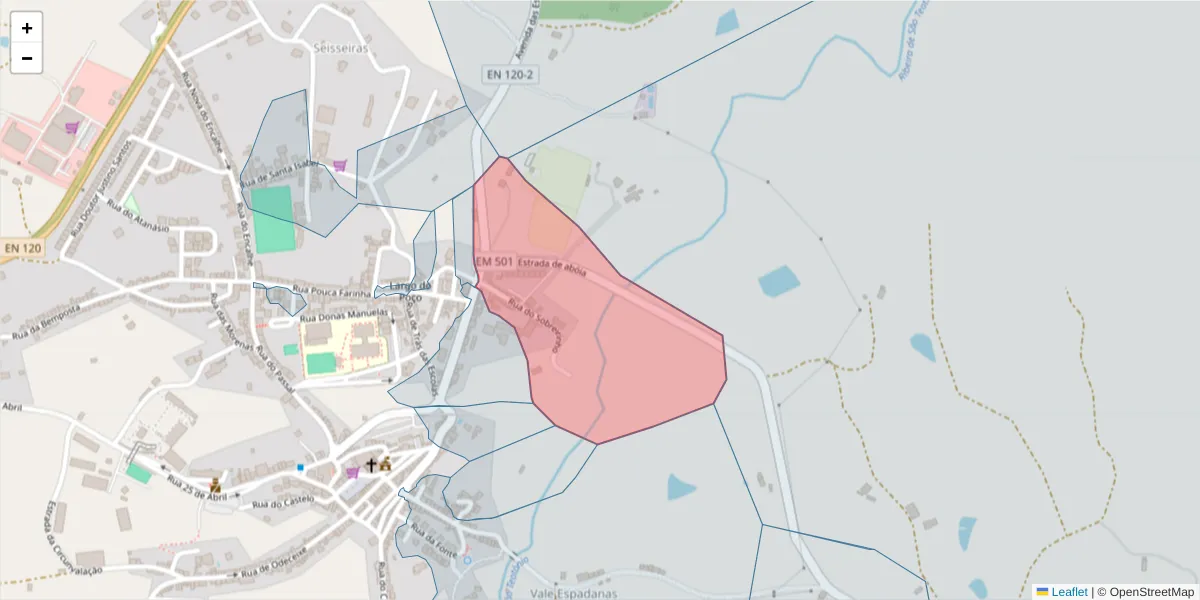Mapa detalhado do código postal 7630-651 com limites, códigos postais vizinhos e agências dos correios