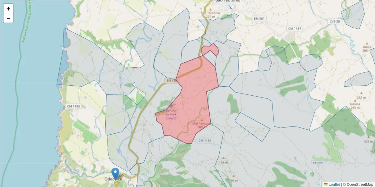 Mapa detalhado do código postal 7630-675 com limites, códigos postais vizinhos e agências dos correios
