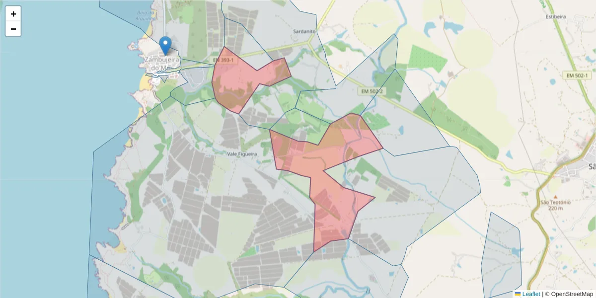 Mapa detalhado do código postal 7630-731 com limites, códigos postais vizinhos e agências dos correios