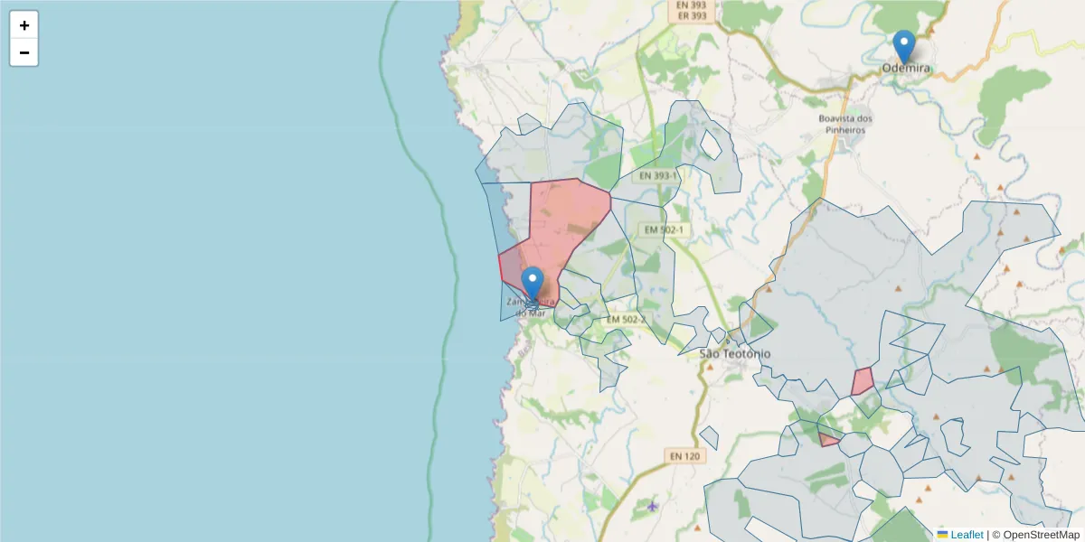 Mapa detalhado do código postal 7630-733 com limites, códigos postais vizinhos e agências dos correios