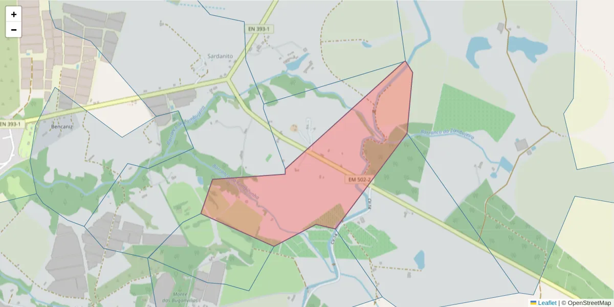 Mapa detalhado do código postal 7630-736 com limites, códigos postais vizinhos e agências dos correios