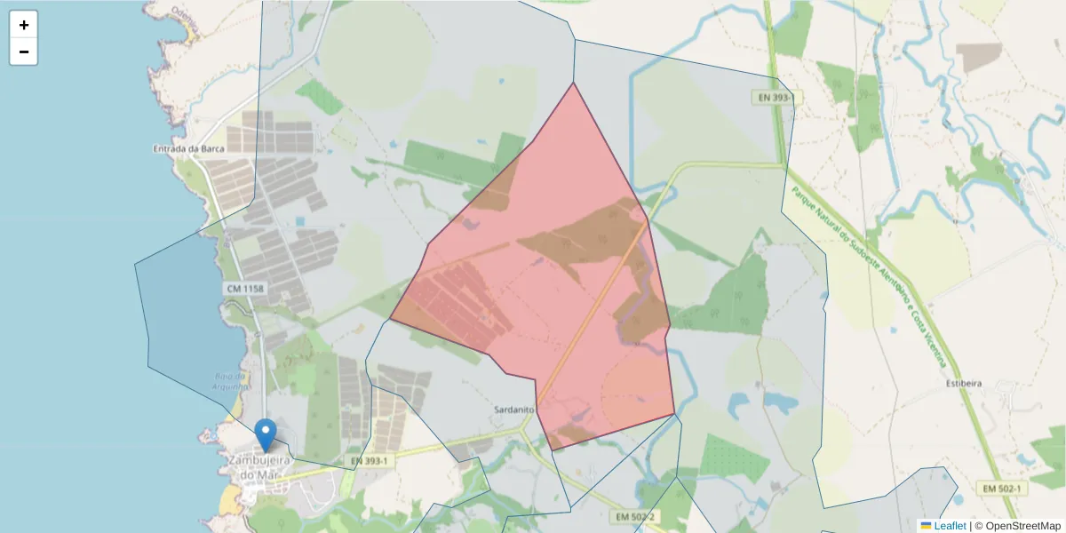 Mapa detalhado do código postal 7630-742 com limites, códigos postais vizinhos e agências dos correios