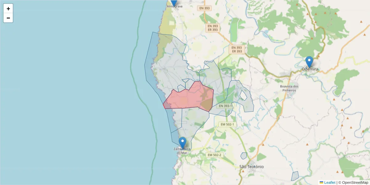 Mapa detalhado do código postal 7630-743 com limites, códigos postais vizinhos e agências dos correios