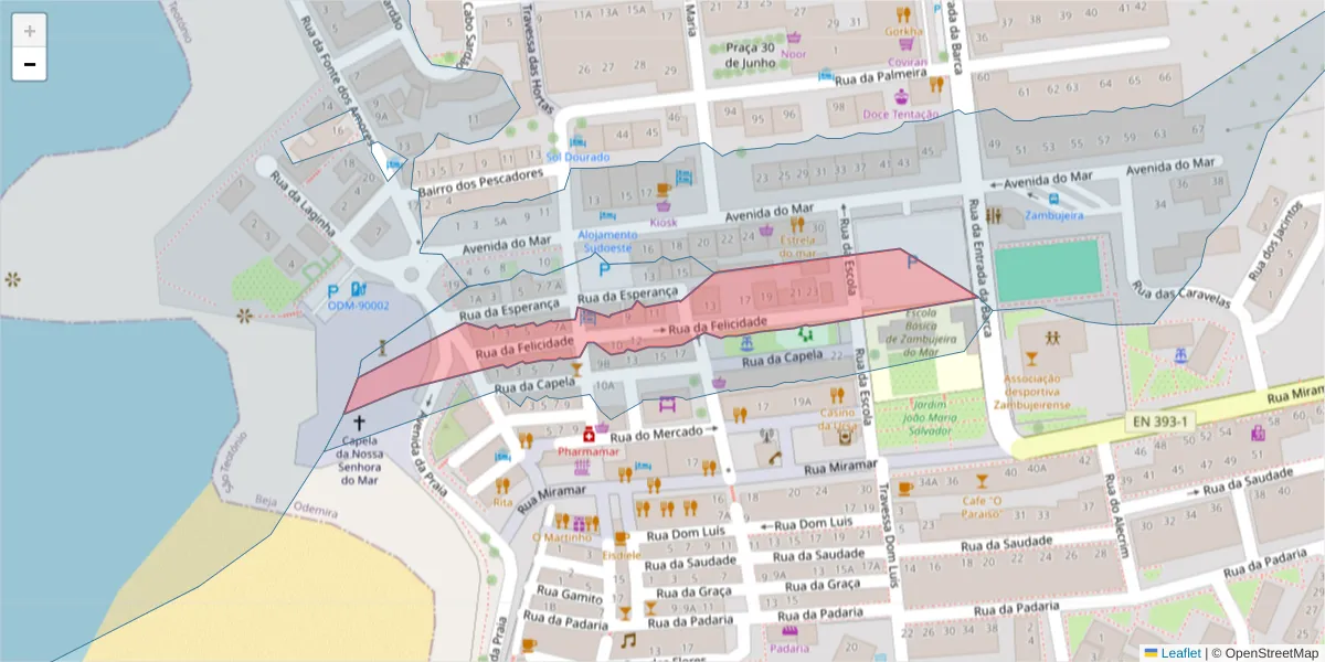 Mapa detalhado do código postal 7630-774 com limites, códigos postais vizinhos e agências dos correios