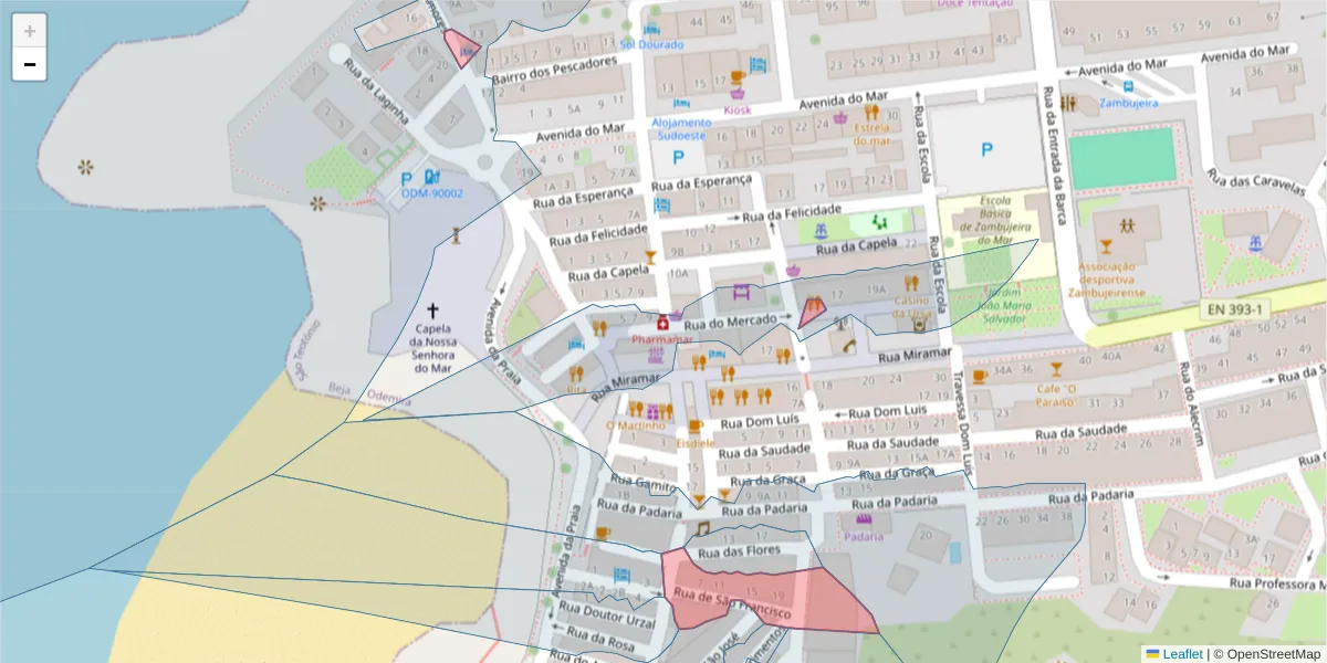 Mapa detalhado do código postal 7630-777 com limites, códigos postais vizinhos e agências dos correios