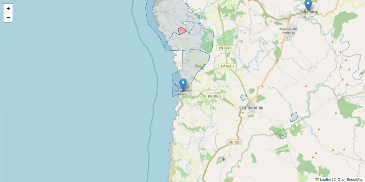 Mapa detalhado do código postal 7630-801 com limites, códigos postais vizinhos e agências dos correios