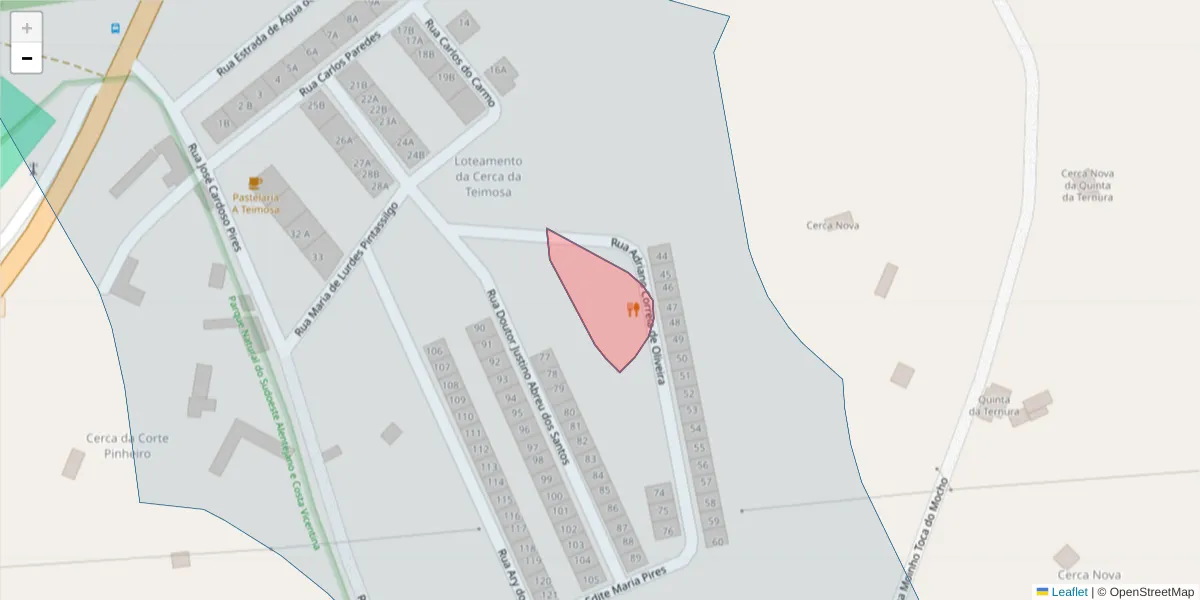 Mapa detalhado do código postal 7639-174 com limites, códigos postais vizinhos e agências dos correios