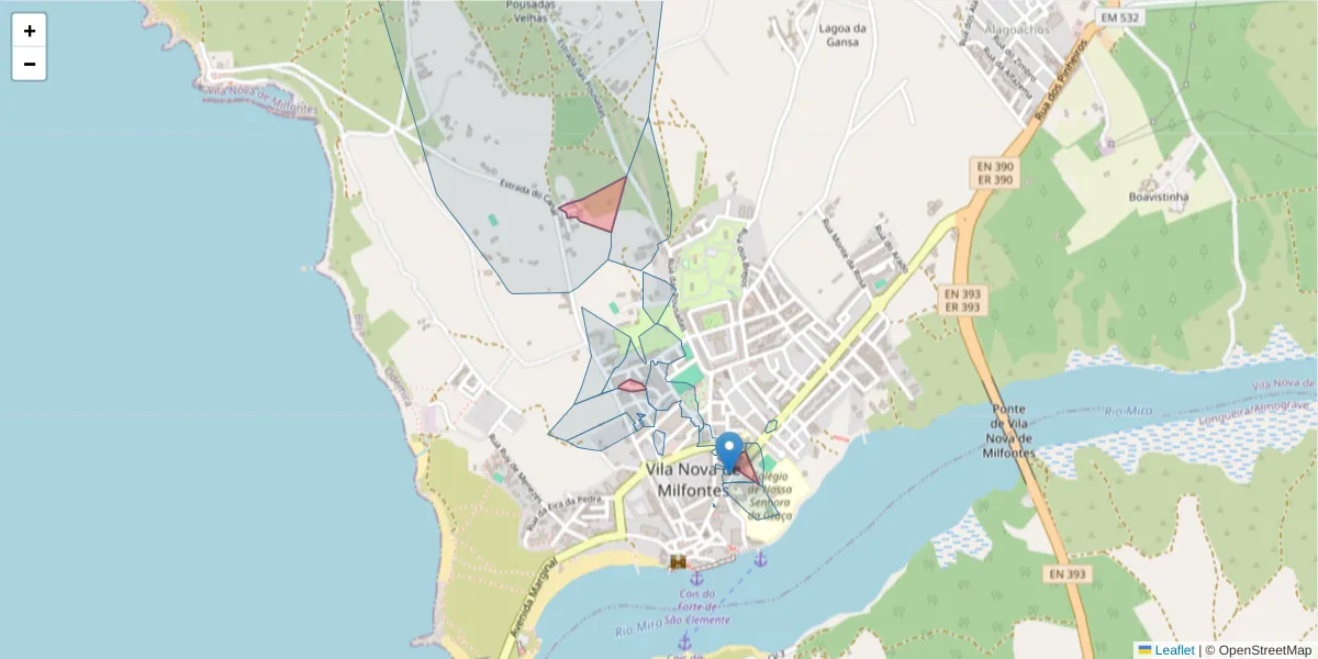 Mapa detalhado do código postal 7645-011 com limites, códigos postais vizinhos e agências dos correios