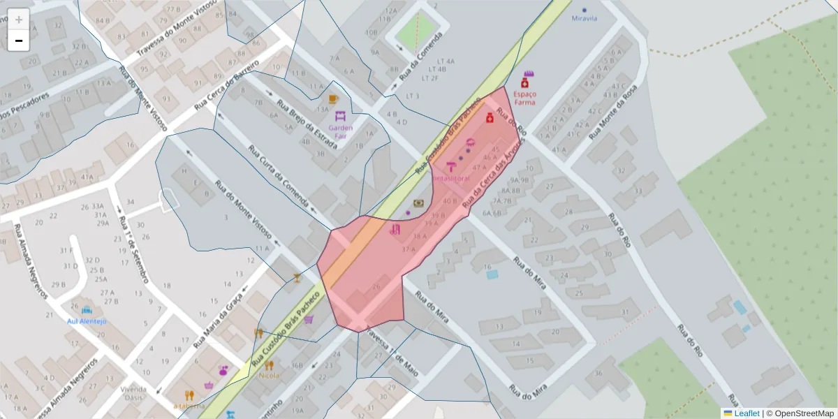Mapa detalhado do código postal 7645-020 com limites, códigos postais vizinhos e agências dos correios