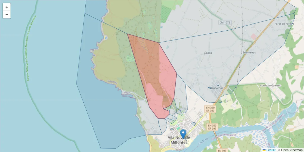 Mapa detalhado do código postal 7645-027 com limites, códigos postais vizinhos e agências dos correios