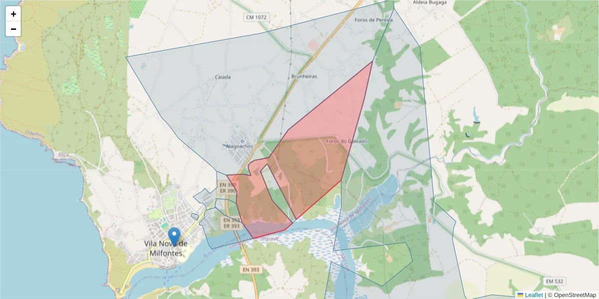 Mapa detalhado do código postal 7645-036 com limites, códigos postais vizinhos e agências dos correios