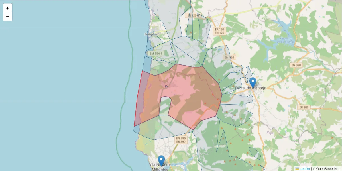 Mapa detalhado do código postal 7645-065 com limites, códigos postais vizinhos e agências dos correios
