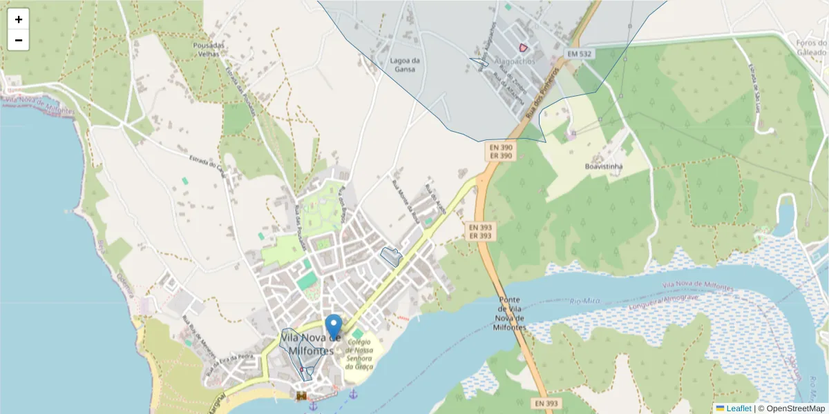 Mapa detalhado do código postal 7645-073 com limites, códigos postais vizinhos e agências dos correios