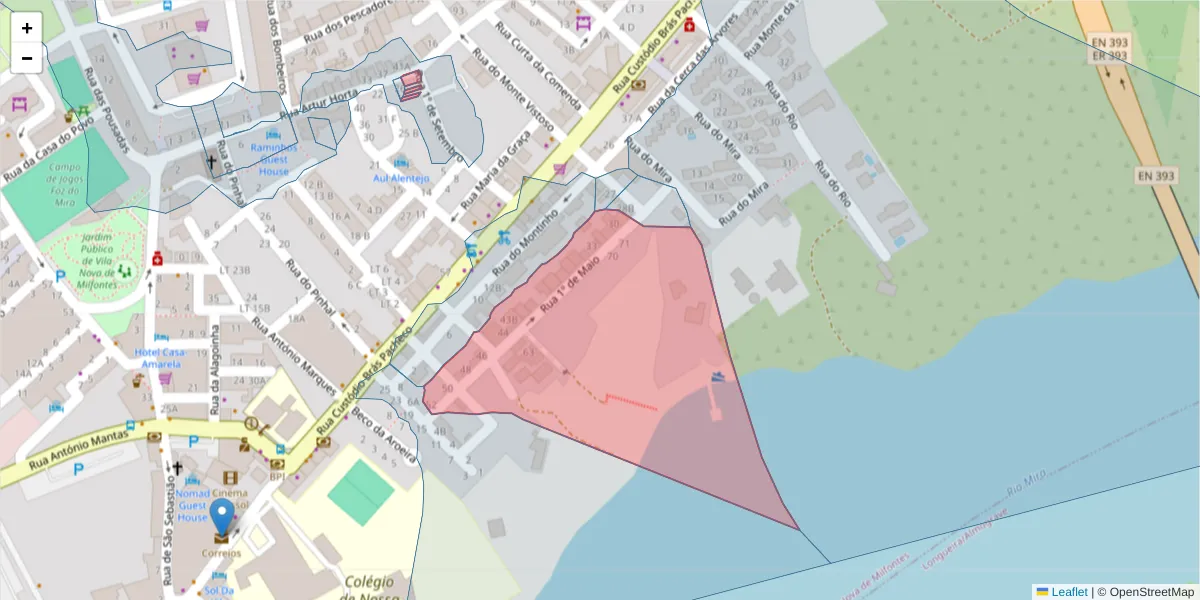 Mapa detalhado do código postal 7645-211 com limites, códigos postais vizinhos e agências dos correios
