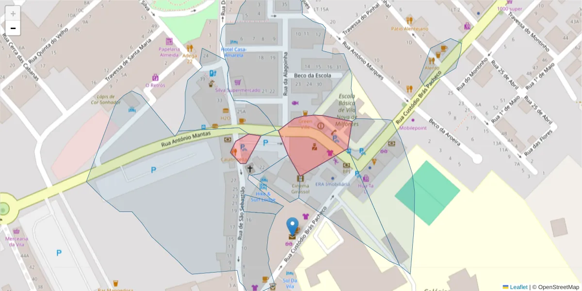 Mapa detalhado do código postal 7645-221 com limites, códigos postais vizinhos e agências dos correios