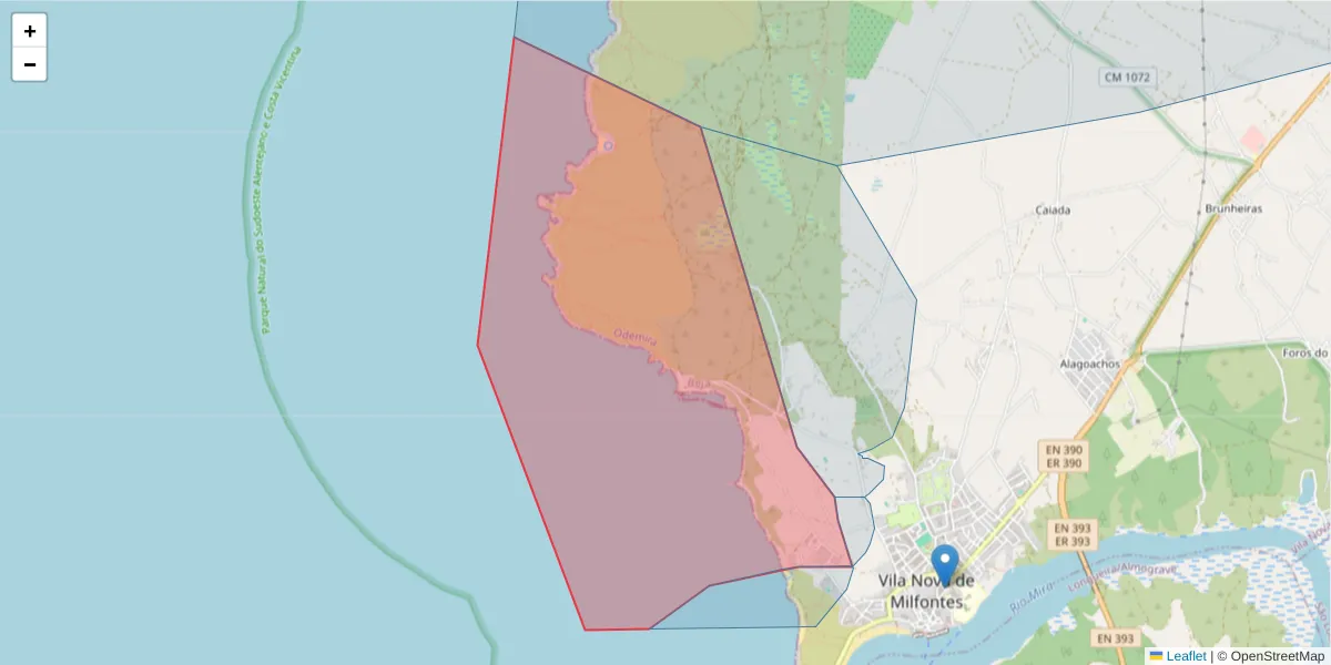 Mapa detalhado do código postal 7645-232 com limites, códigos postais vizinhos e agências dos correios