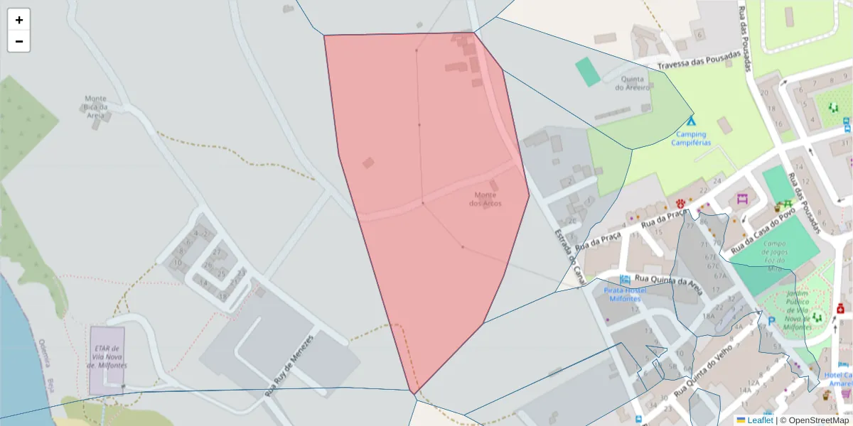 Mapa detalhado do código postal 7645-238 com limites, códigos postais vizinhos e agências dos correios