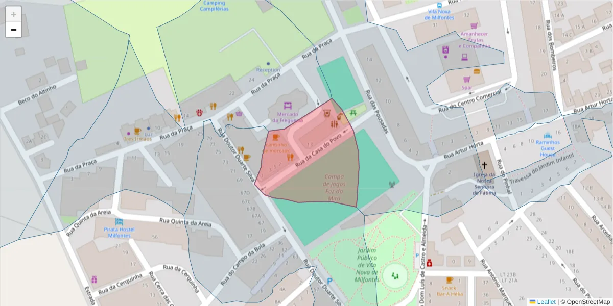Mapa detalhado do código postal 7645-243 com limites, códigos postais vizinhos e agências dos correios