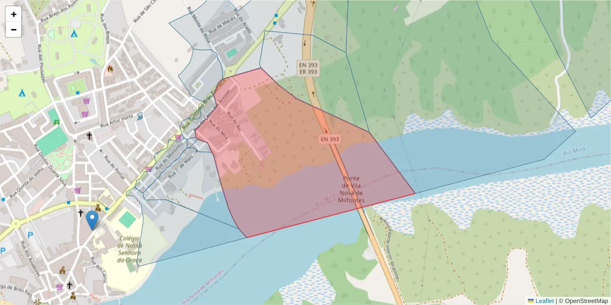 Mapa detalhado do código postal 7645-246 com limites, códigos postais vizinhos e agências dos correios