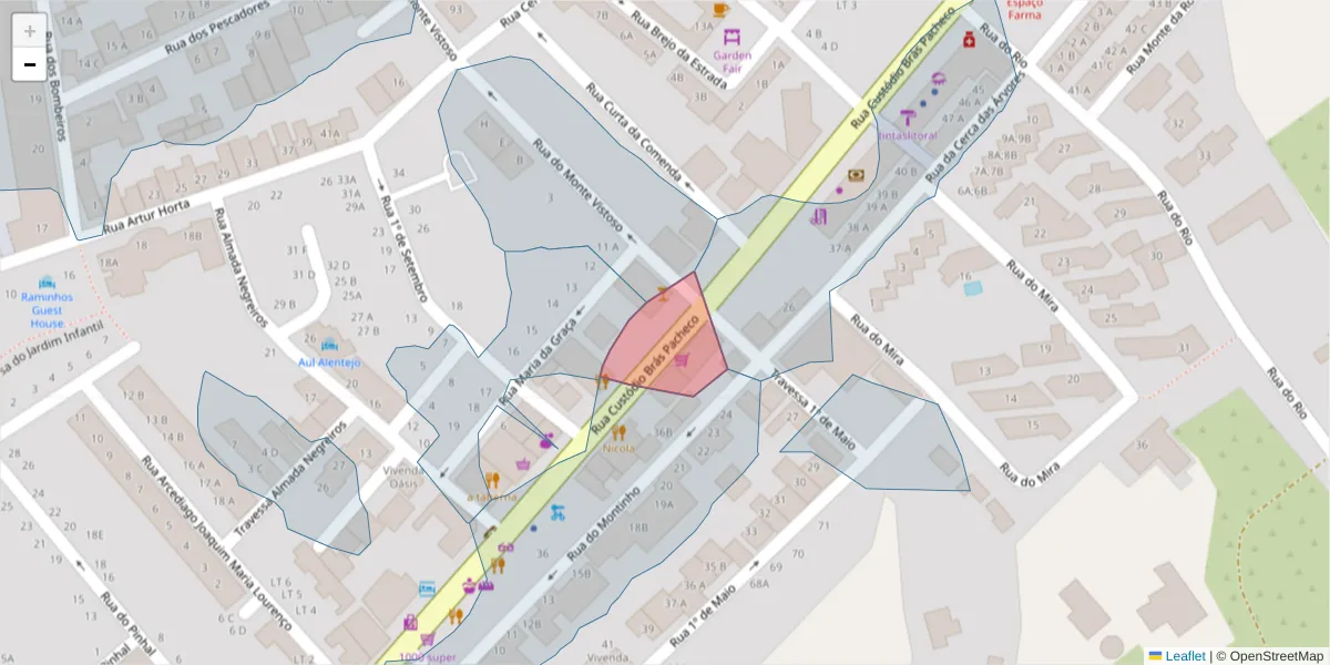 Mapa detalhado do código postal 7645-252 com limites, códigos postais vizinhos e agências dos correios