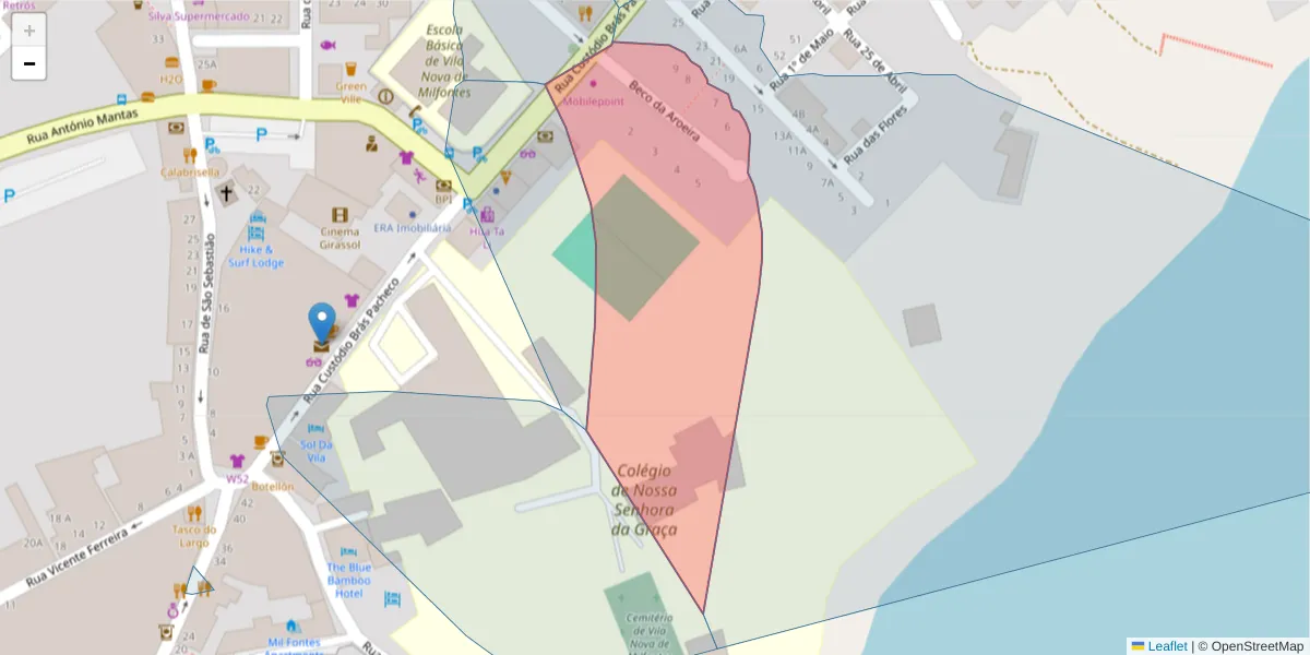 Mapa detalhado do código postal 7645-269 com limites, códigos postais vizinhos e agências dos correios